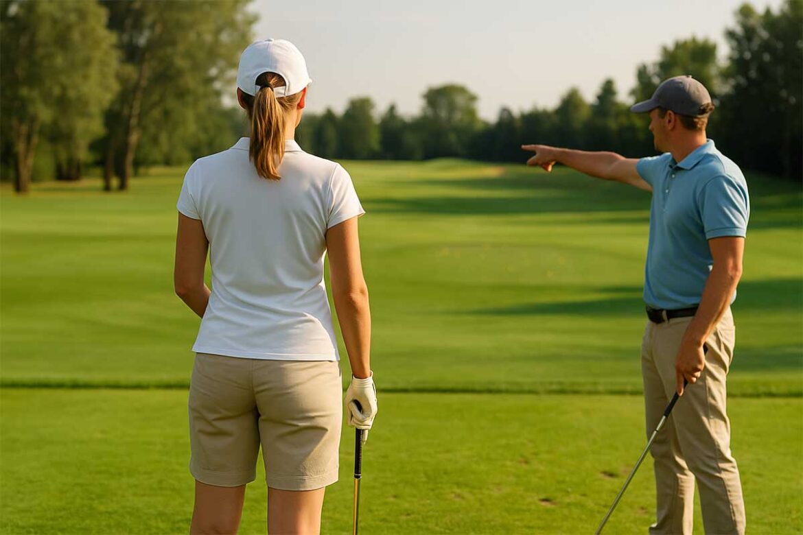 Golftrainer zeigt einer Einsteigerin ab 40 den richtigen Schwung auf der Driving Range - Golf für Einsteigerinnen ab 40