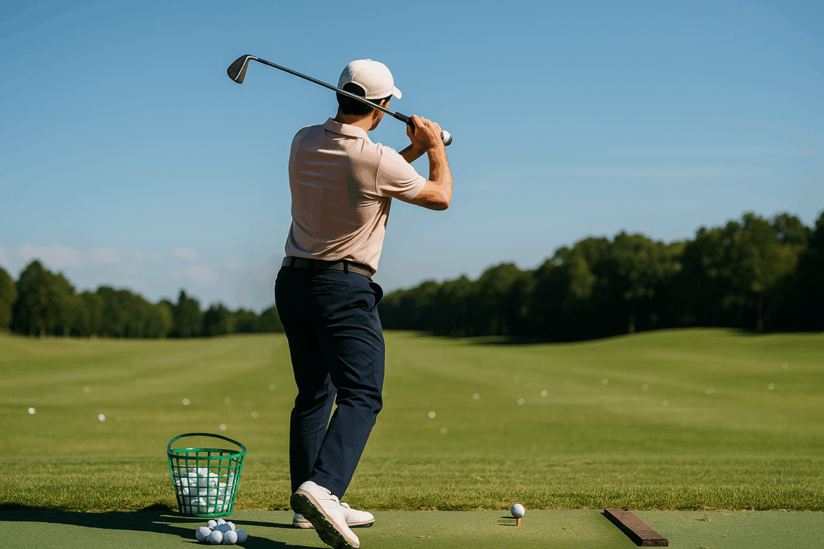 Golf Einsteiger Tipps beim Abschlag auf der Driving Range mit Ballkorb im Vordergrund